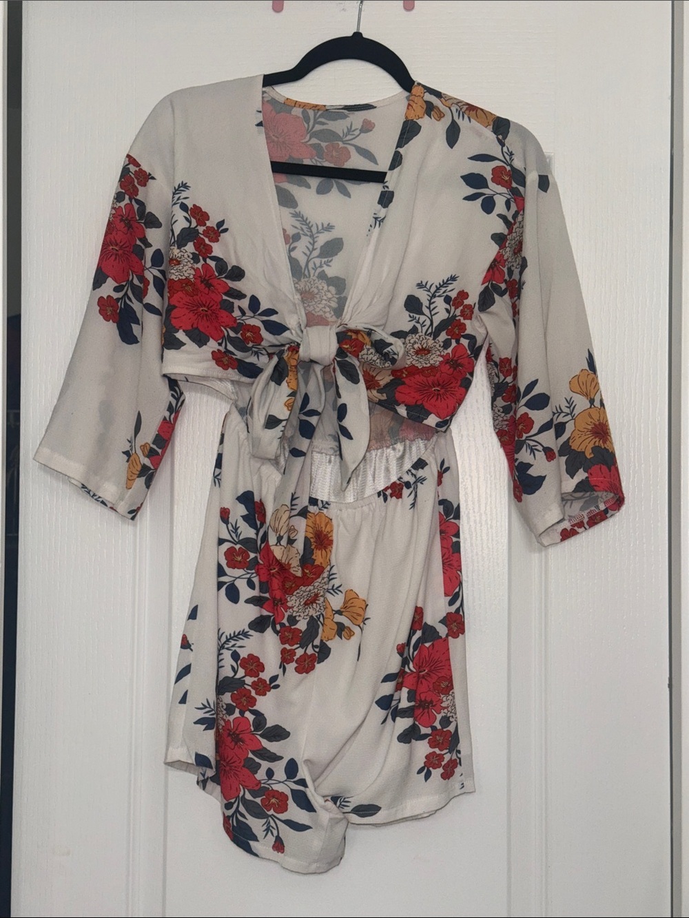 Cream Floral Tie-Front Romper with Red & Yellow Blooms